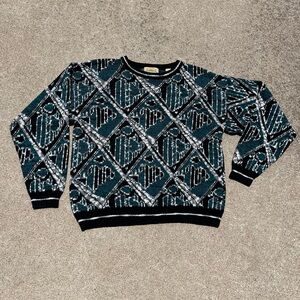 Vintage Brad Richards Unisex Teal Black Retro Patterned Dad Knit Sweater Large